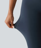 Mid Rise Contrast Lace Ruched Flare Yoga Leggings with Pockets — Carbon — view 7