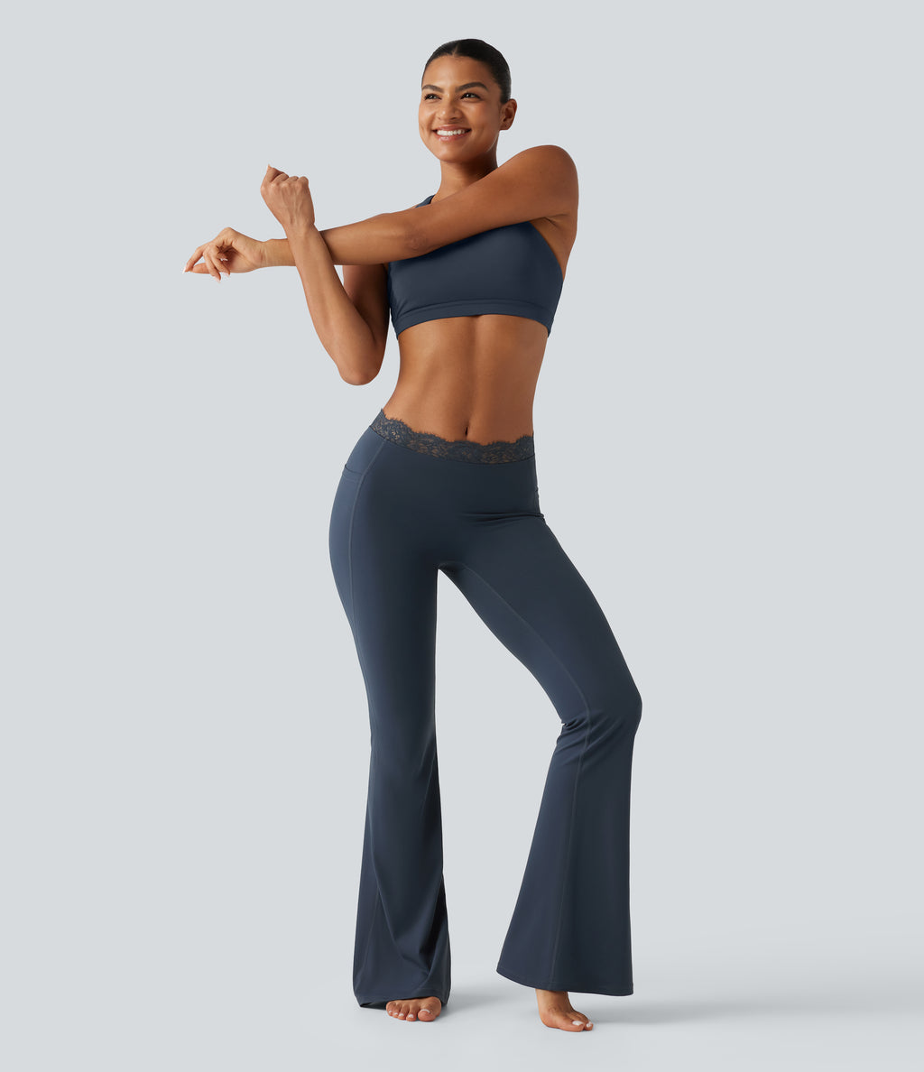 Mid Rise Contrast Lace Ruched Flare Yoga Leggings with Pockets — Carbon — view 8