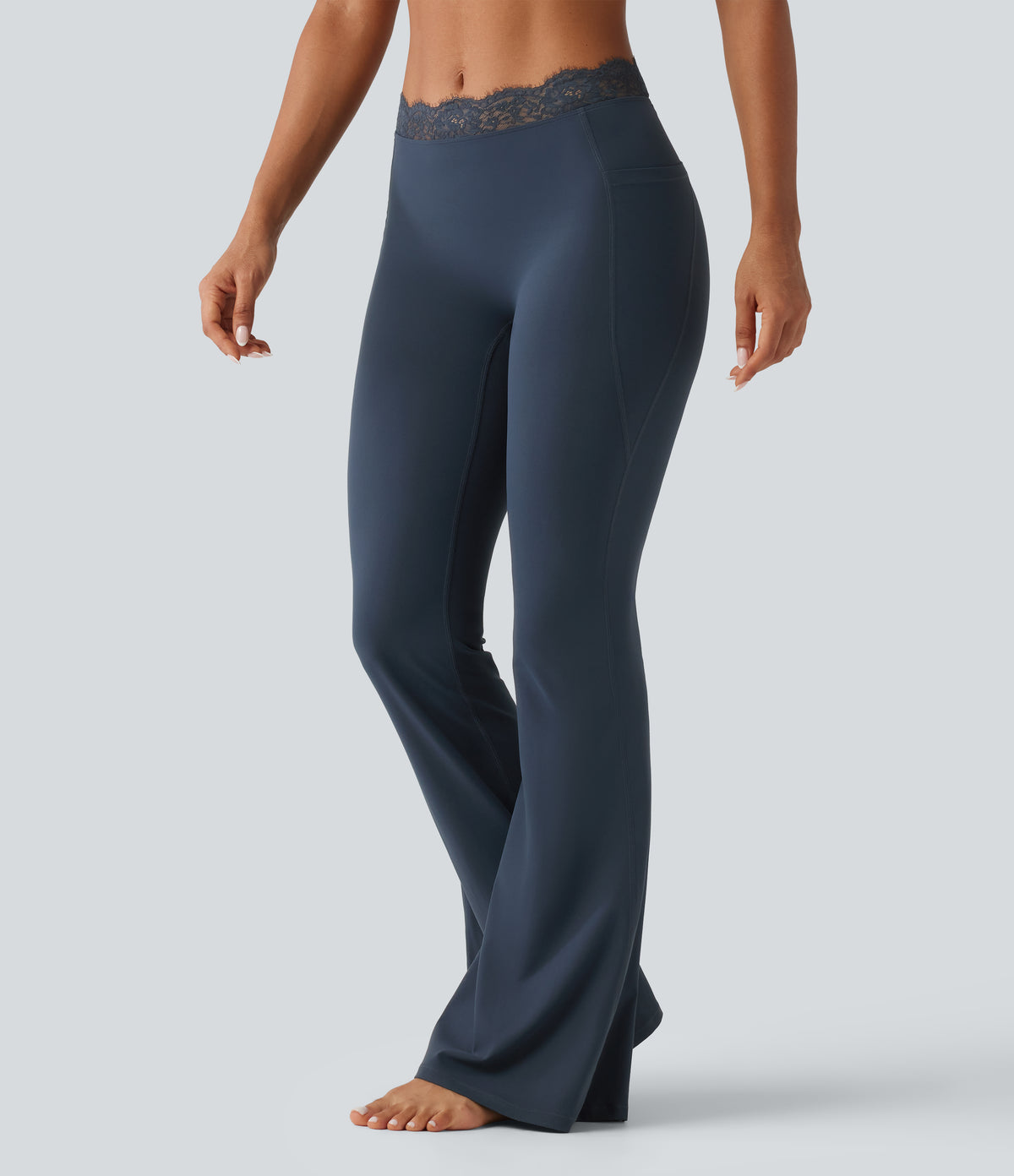 Mid Rise Contrast Lace Ruched Flare Yoga Leggings with Pockets — Carbon — view 1