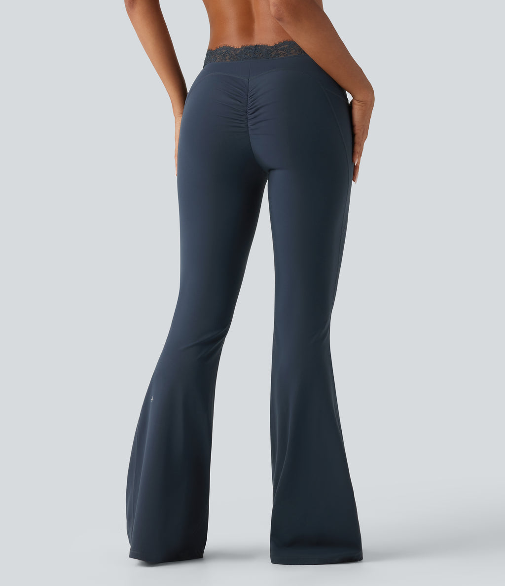 Mid Rise Contrast Lace Ruched Flare Yoga Leggings with Pockets — Carbon — view 2