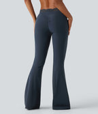 Mid Rise Contrast Lace Ruched Flare Yoga Leggings with Pockets — Carbon — view 2
