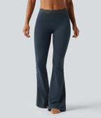Mid Rise Contrast Lace Ruched Flare Yoga Leggings with Pockets — Carbon — view 3