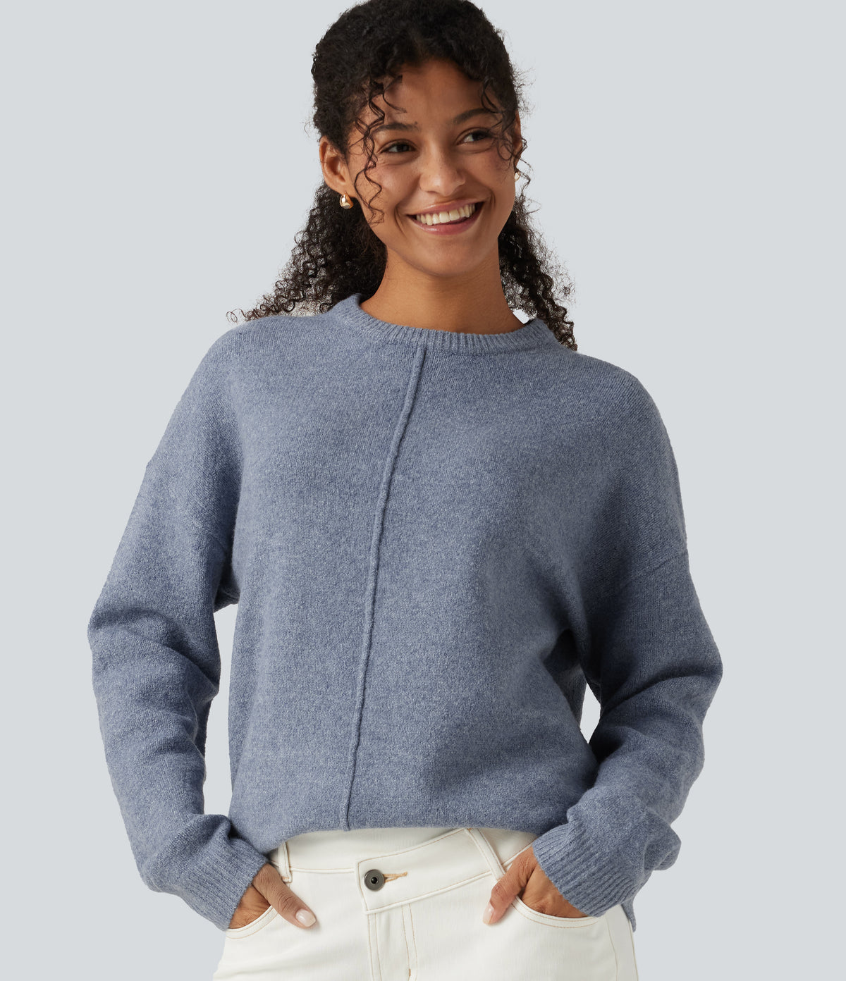 Round Neck Long Sleeve Work Jumper — Light Blue — view 1