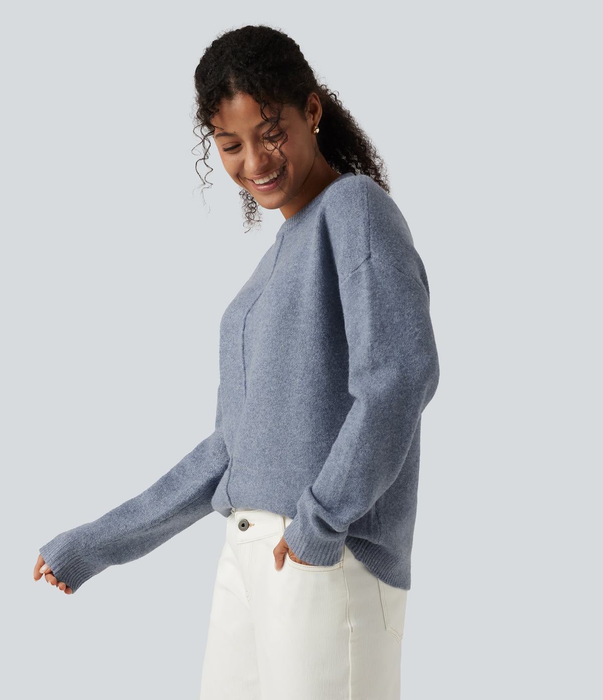 Round Neck Long Sleeve Work Jumper — Light Blue — view 3
