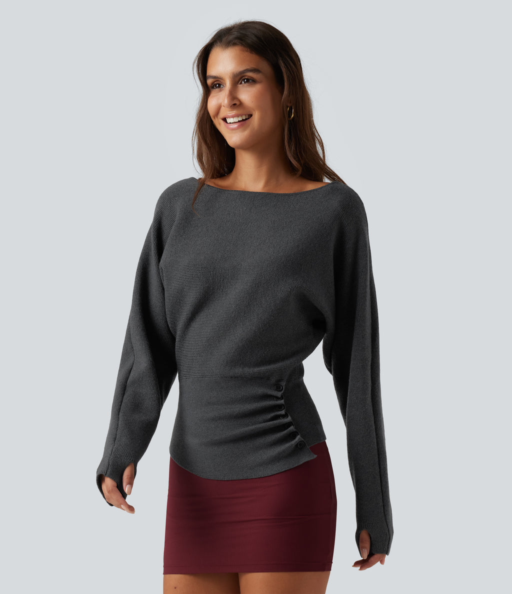 Boat Neck Batwing Long Sleeve Thumb Hole Work Jumper — Unexplored — view 3