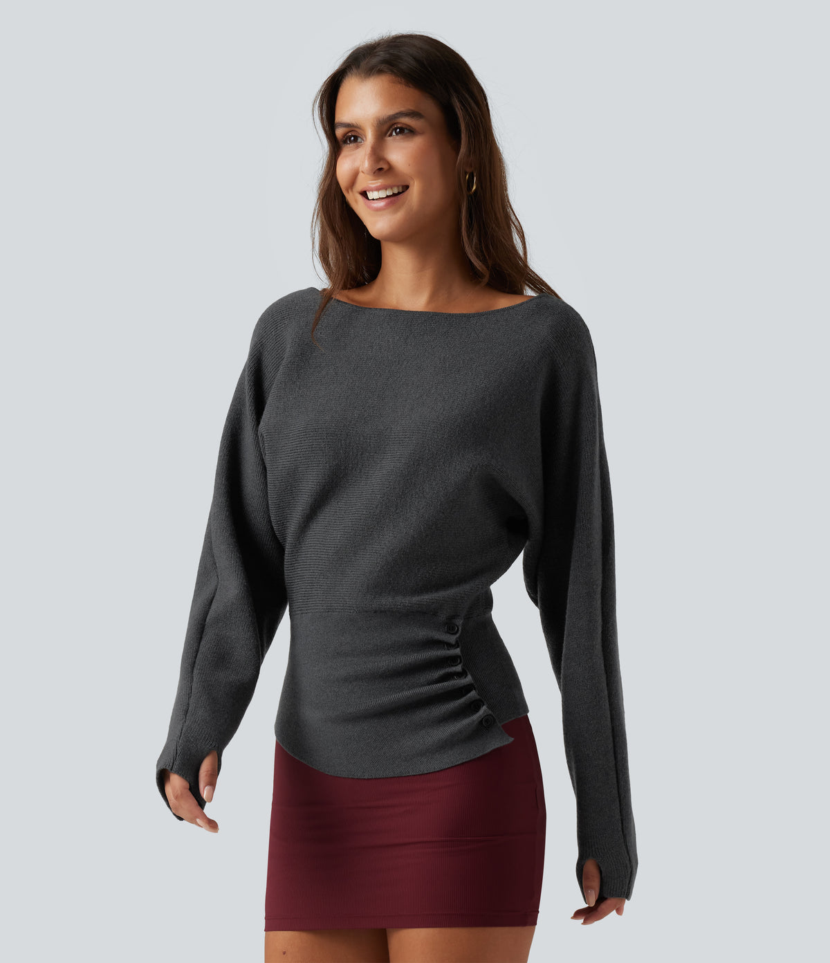Boat Neck Batwing Long Sleeve Thumb Hole Work Jumper — Unexplored — view 3