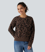 Round Neck Leopard Print Long Sleeve Casual Jumper — Acorn Wild Leopard — view 1