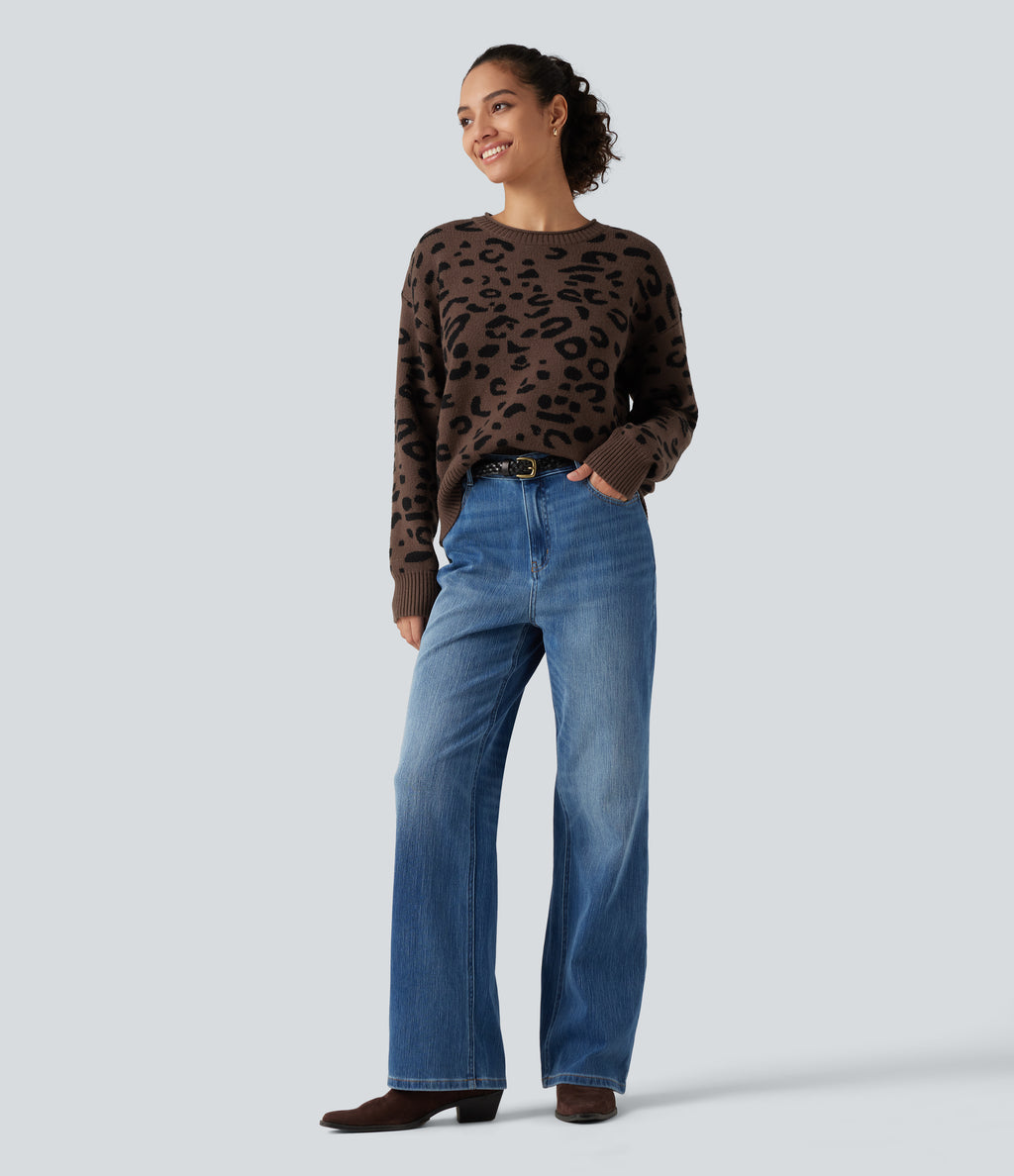 Round Neck Leopard Print Long Sleeve Casual Jumper — Acorn Wild Leopard — view 5