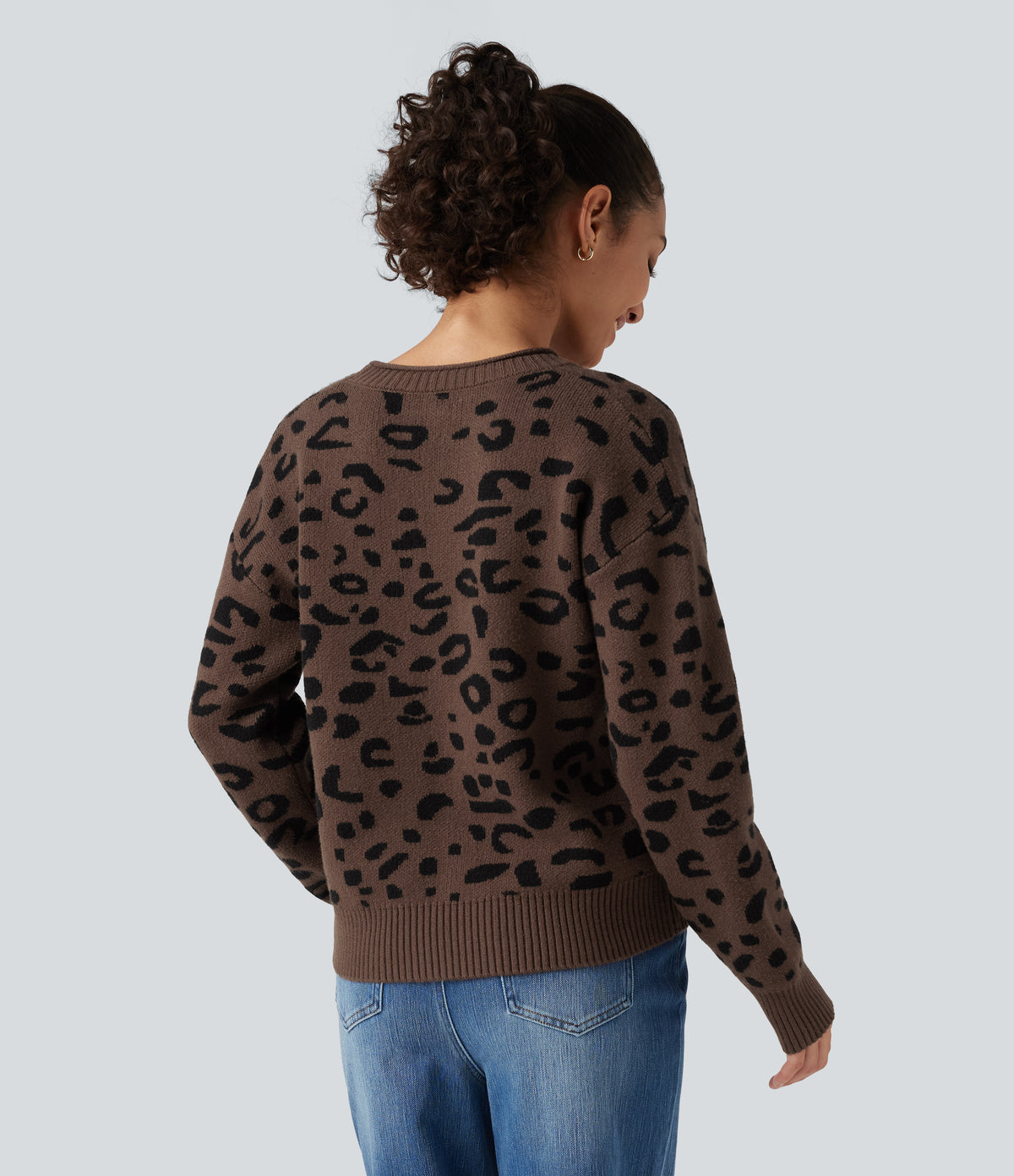 Round Neck Leopard Print Long Sleeve Casual Jumper — Acorn Wild Leopard — view 2
