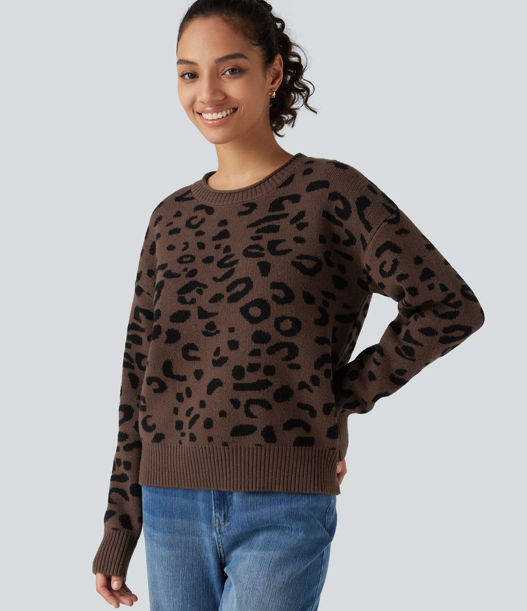 Round Neck Leopard Print Long Sleeve Casual Jumper — Acorn Wild Leopard — view 4