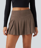 High Waisted Pleated A-Line 2-in-1 Corduroy Mini Casual Skirt — Acorn — view 4