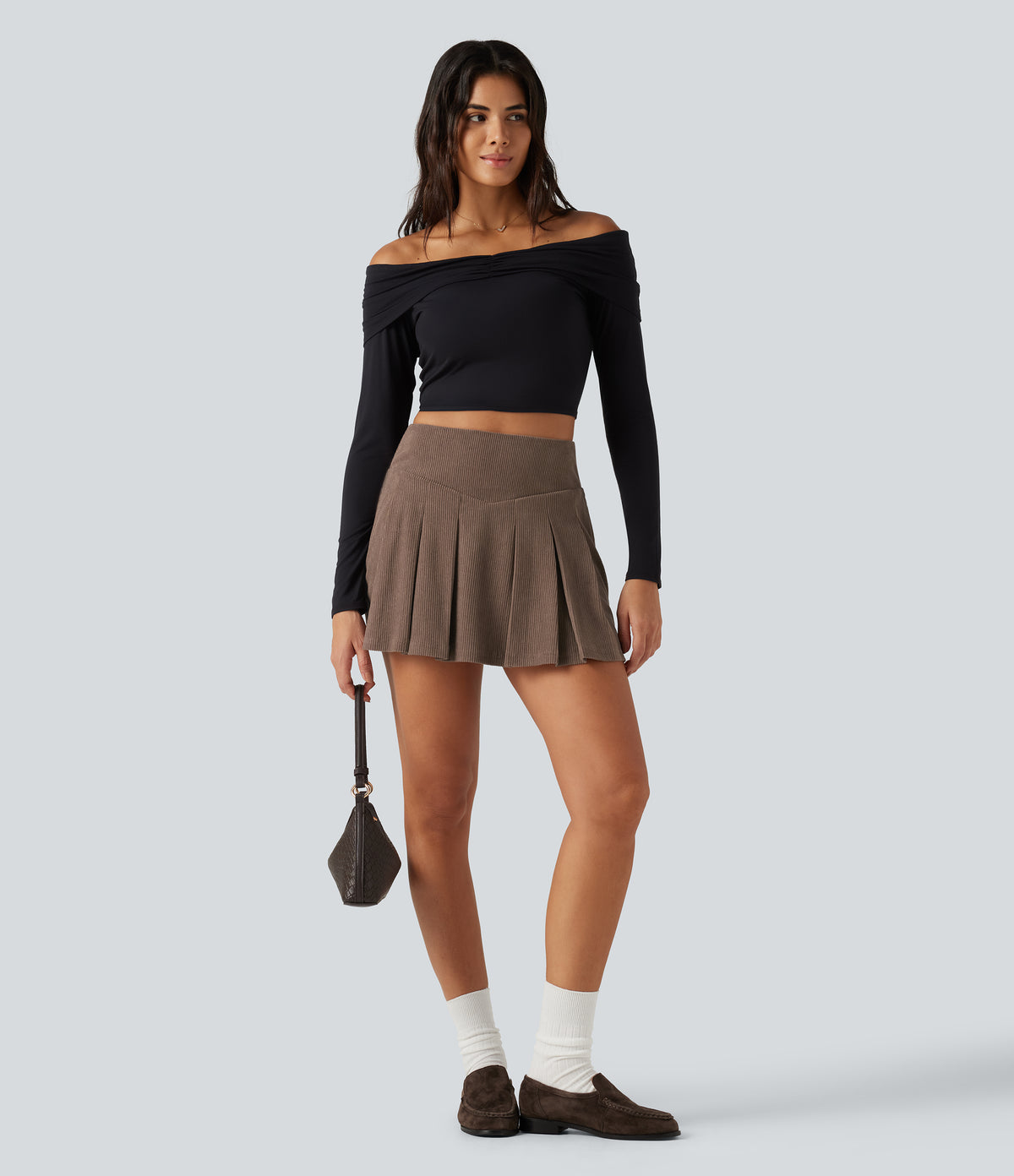 High Waisted Pleated A-Line 2-in-1 Corduroy Mini Casual Skirt — Acorn — view 7