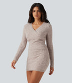 V Neck Long Sleeve Scallop Hem Open Knit Casual Jumper — Chateau Gray — view 1