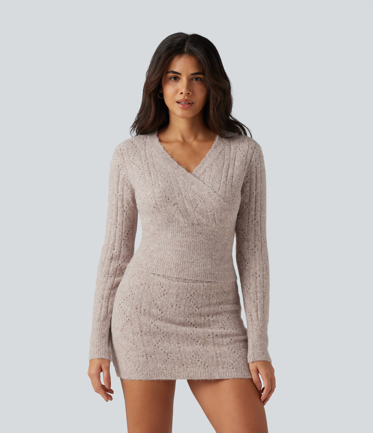 V Neck Long Sleeve Scallop Hem Open Knit Casual Jumper — Chateau Gray — view 4
