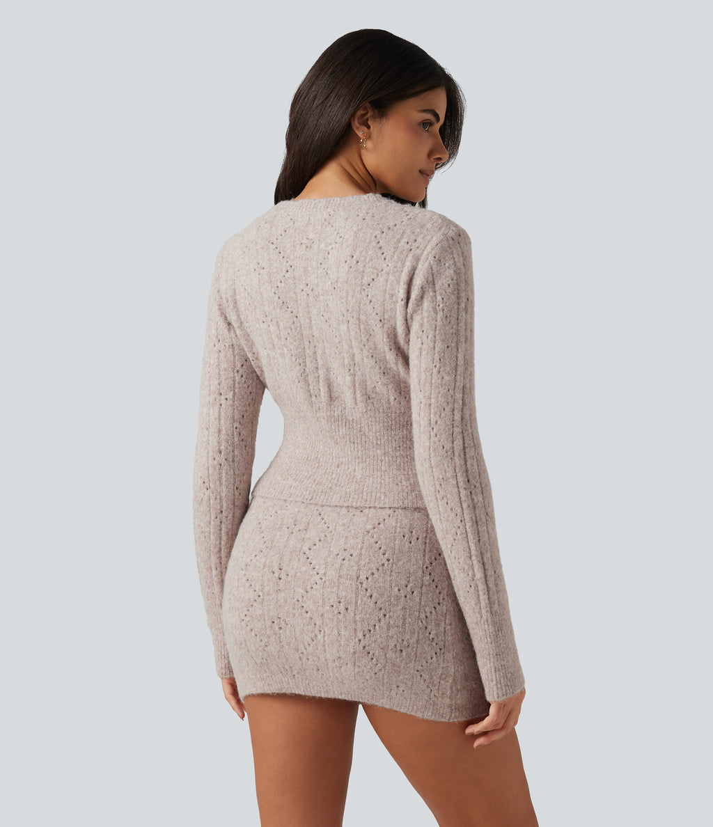 V Neck Long Sleeve Scallop Hem Open Knit Casual Jumper — Chateau Gray — view 2