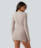 V Neck Long Sleeve Scallop Hem Open Knit Casual Jumper — Chateau Gray — view 2