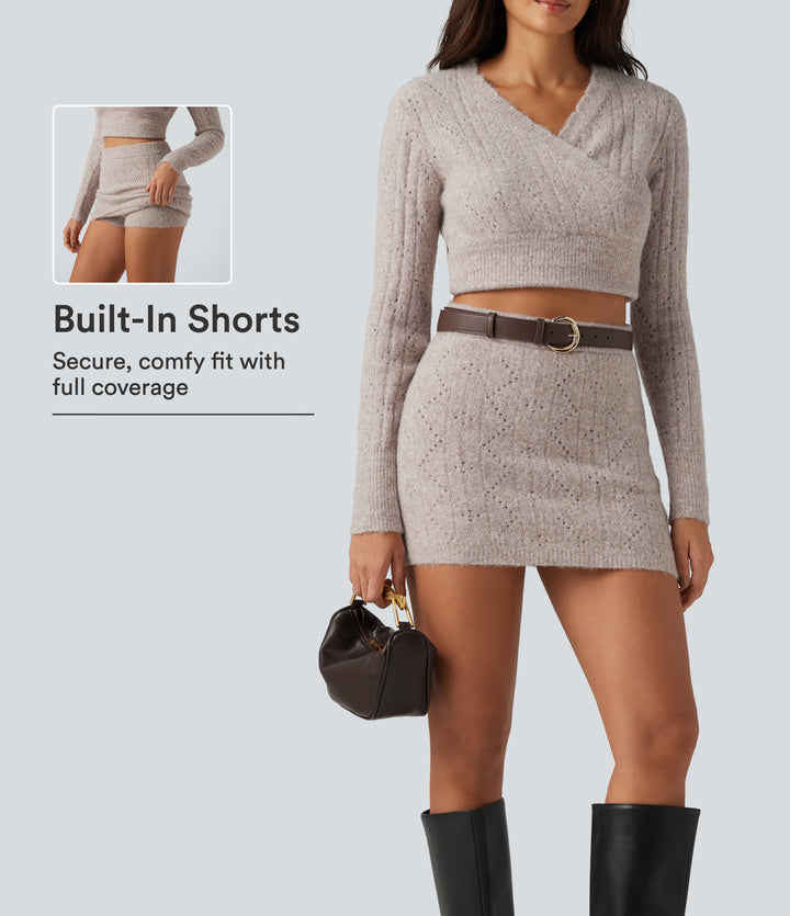 High Waisted 2-in-1 Open Knit Mini Casual Sweater Skirt — Chateau Gray — view 1