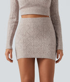 High Waisted 2-in-1 Open Knit Mini Casual Sweater Skirt — Chateau Gray — view 5