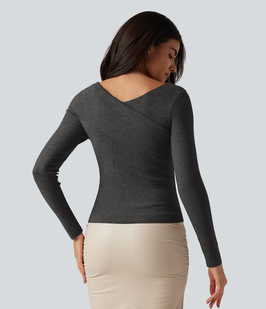 V Neck Long Sleeve Crossover Thumb Hole Casual Jumper — Dark Grey — view 2