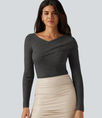 V Neck Long Sleeve Crossover Thumb Hole Casual Jumper — Dark Grey — view 1