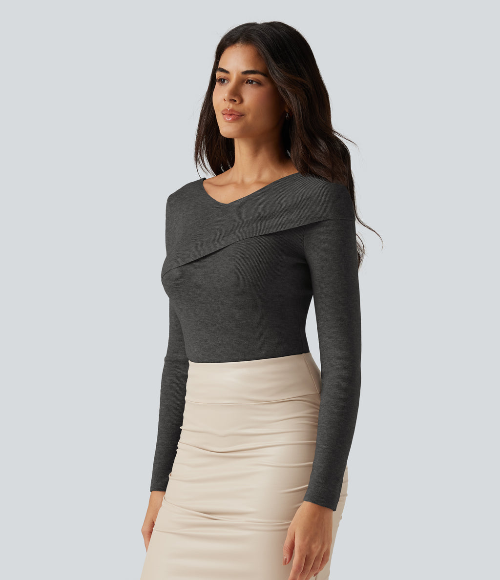 V Neck Long Sleeve Crossover Thumb Hole Casual Jumper — Dark Grey — view 4