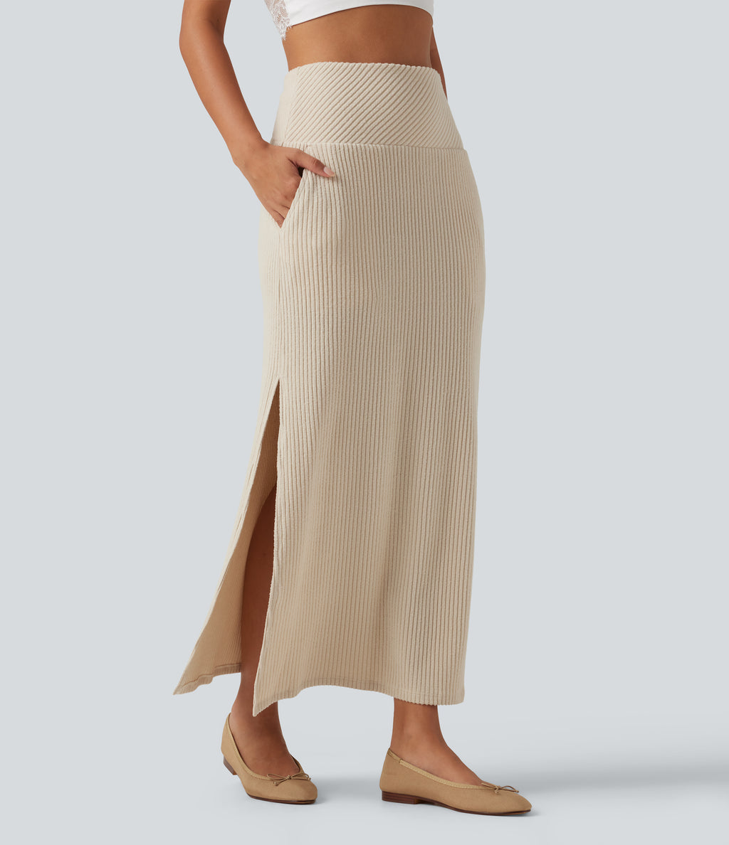 Ribbed Knit High Waisted Split Maxi Casual Skirt with Pockets — Whipped Taupe — view 3