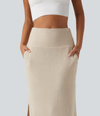 Ribbed Knit High Waisted Split Maxi Casual Skirt with Pockets — Whipped Taupe — view 4