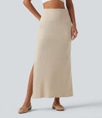 Ribbed Knit High Waisted Split Maxi Casual Skirt with Pockets — Whipped Taupe — view 1