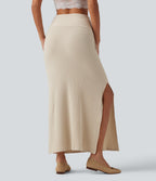 Ribbed Knit High Waisted Split Maxi Casual Skirt with Pockets — Whipped Taupe — view 2