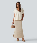 Ribbed Knit High Waisted Split Maxi Casual Skirt with Pockets — Whipped Taupe — view 6