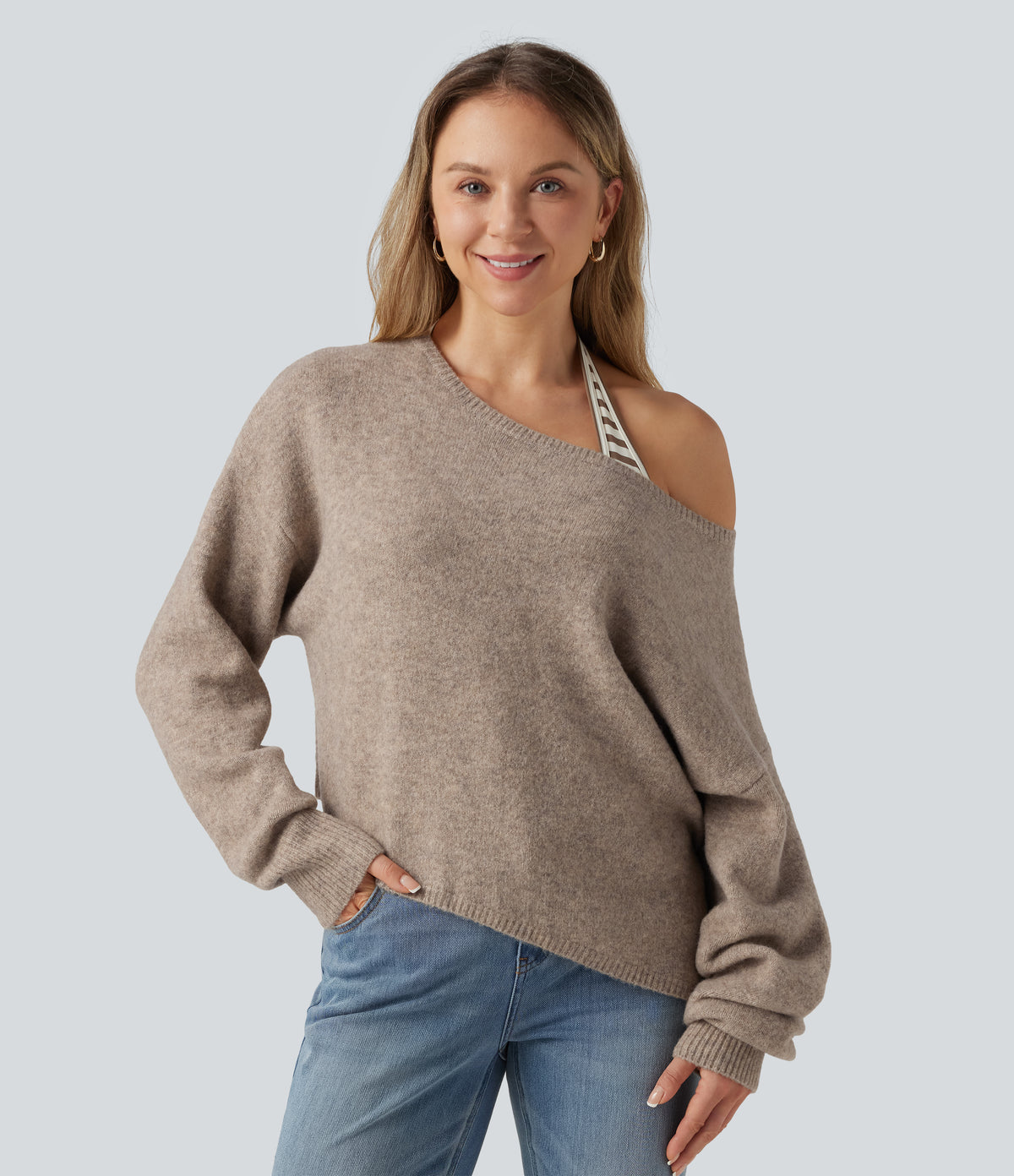 One Shoulder Long Sleeve Asymmetric Casual Jumper — Daywall Beige — view 4