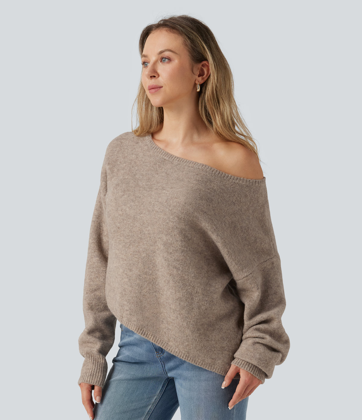 One Shoulder Long Sleeve Asymmetric Casual Jumper — Daywall Beige — view 1