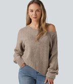 One Shoulder Long Sleeve Asymmetric Casual Jumper — Daywall Beige — view 5