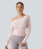 One Shoulder Long Sleeve Ruched InstantCool Yoga Sports Top-UPF50+ — Primrose Pink — view 3