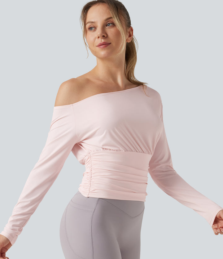 One Shoulder Long Sleeve Ruched InstantCool Yoga Sports Top-UPF50+ — Primrose Pink — view 1