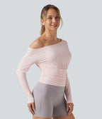 One Shoulder Long Sleeve Ruched InstantCool Yoga Sports Top-UPF50+ — Primrose Pink — view 4