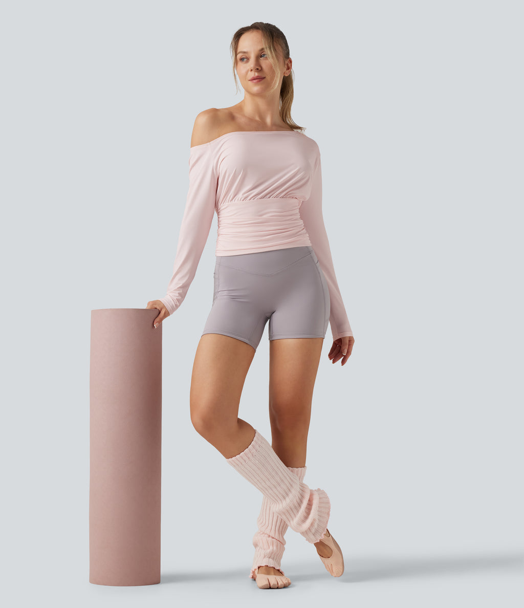 One Shoulder Long Sleeve Ruched InstantCool Yoga Sports Top-UPF50+ — Primrose Pink — view 6