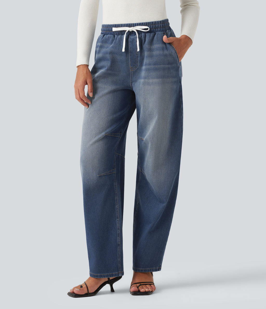 Mid Rise Drawstring Barrel Leg Casual Jeans with Pockets — Baja Blue Denim — view 1