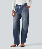 Mid Rise Drawstring Barrel Leg Casual Jeans with Pockets — Baja Blue Denim — view 1