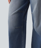 Mid Rise Drawstring Barrel Leg Casual Jeans with Pockets — Baja Blue Denim — view 6