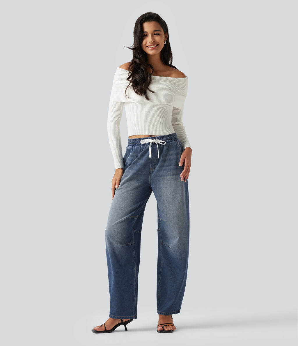 Mid Rise Drawstring Barrel Leg Casual Jeans with Pockets — Baja Blue Denim — view 4