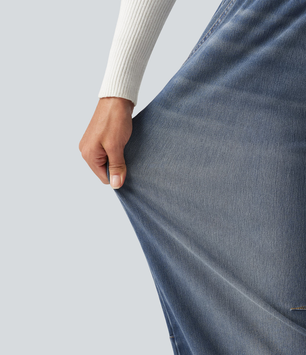 Mid Rise Drawstring Barrel Leg Casual Jeans with Pockets — Baja Blue Denim — view 5