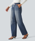 Mid Rise Drawstring Barrel Leg Casual Jeans with Pockets — Baja Blue Denim — view 3