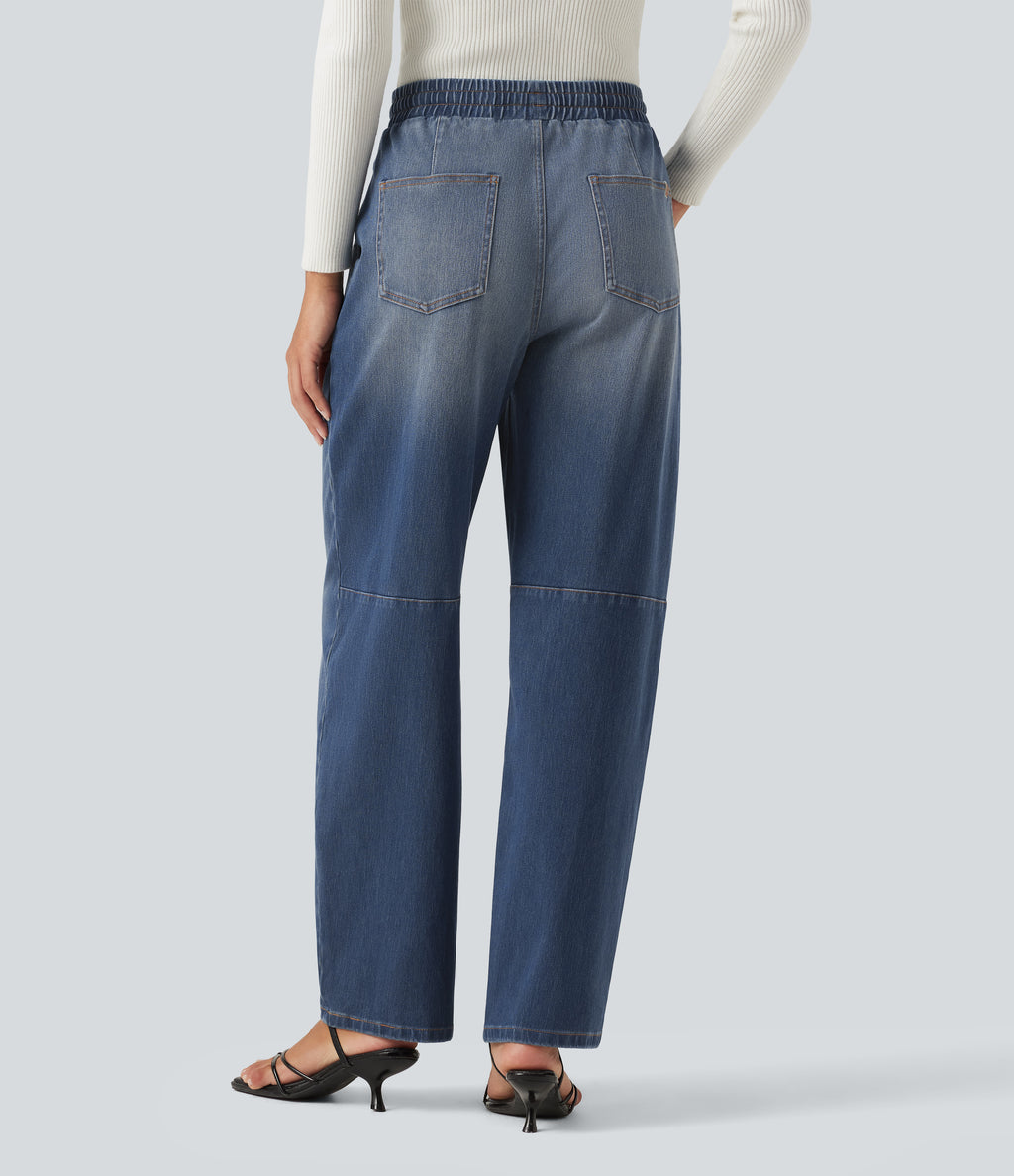 Mid Rise Drawstring Barrel Leg Casual Jeans with Pockets — Baja Blue Denim — view 2