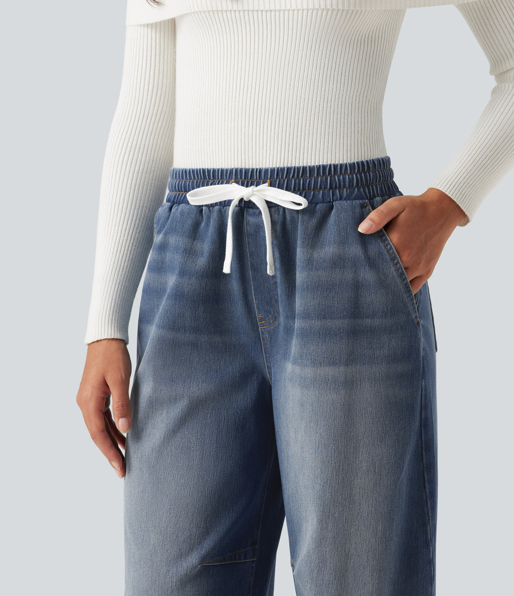 Mid Rise Drawstring Barrel Leg Casual Jeans with Pockets — Baja Blue Denim — view 7