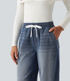Mid Rise Drawstring Barrel Leg Casual Jeans with Pockets — Baja Blue Denim — view 7