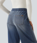 Mid Rise Drawstring Barrel Leg Casual Jeans with Pockets — Baja Blue Denim — view 8