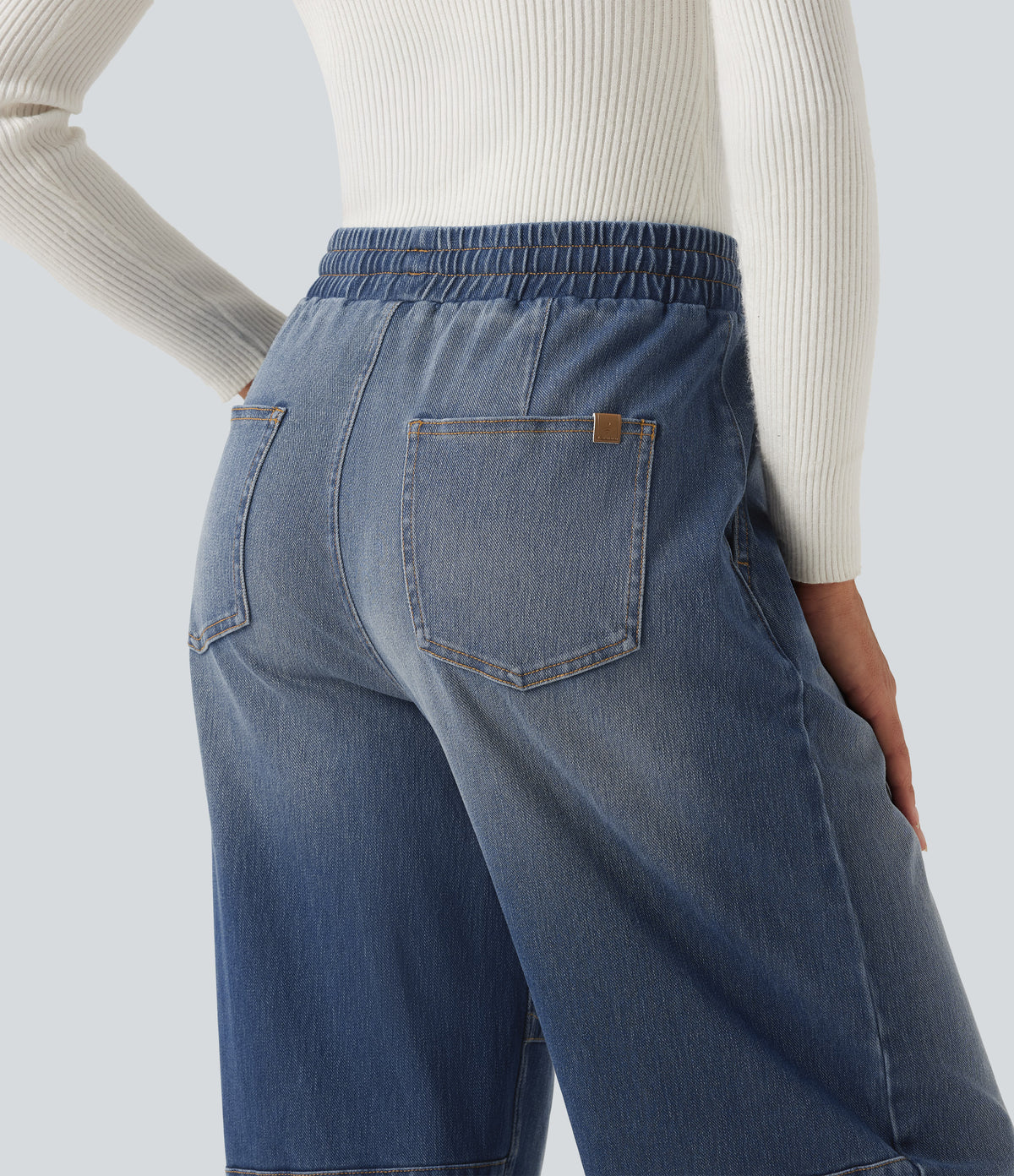 Mid Rise Drawstring Barrel Leg Casual Jeans with Pockets — Baja Blue Denim — view 8