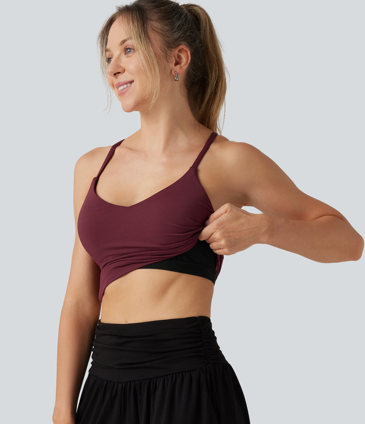 Airy V Neck Built-in Bra Crisscross InstantCool Yoga Tank Top — Zinfandel — view 6