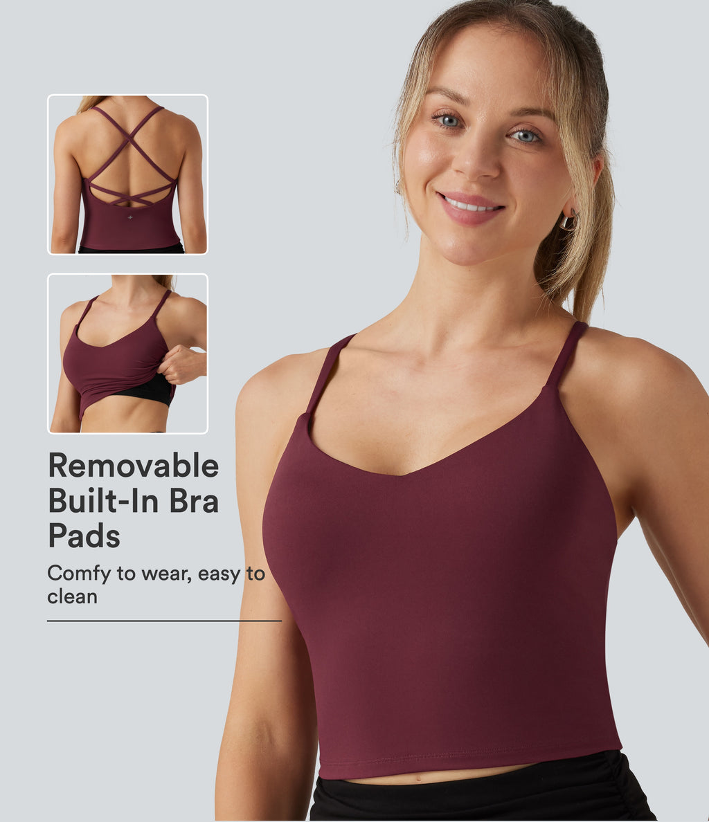 Airy V Neck Built-in Bra Crisscross InstantCool Yoga Tank Top — Zinfandel — view 1
